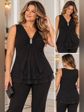R&M Richards Black Rhinestone Chiffon Party Top Size 14